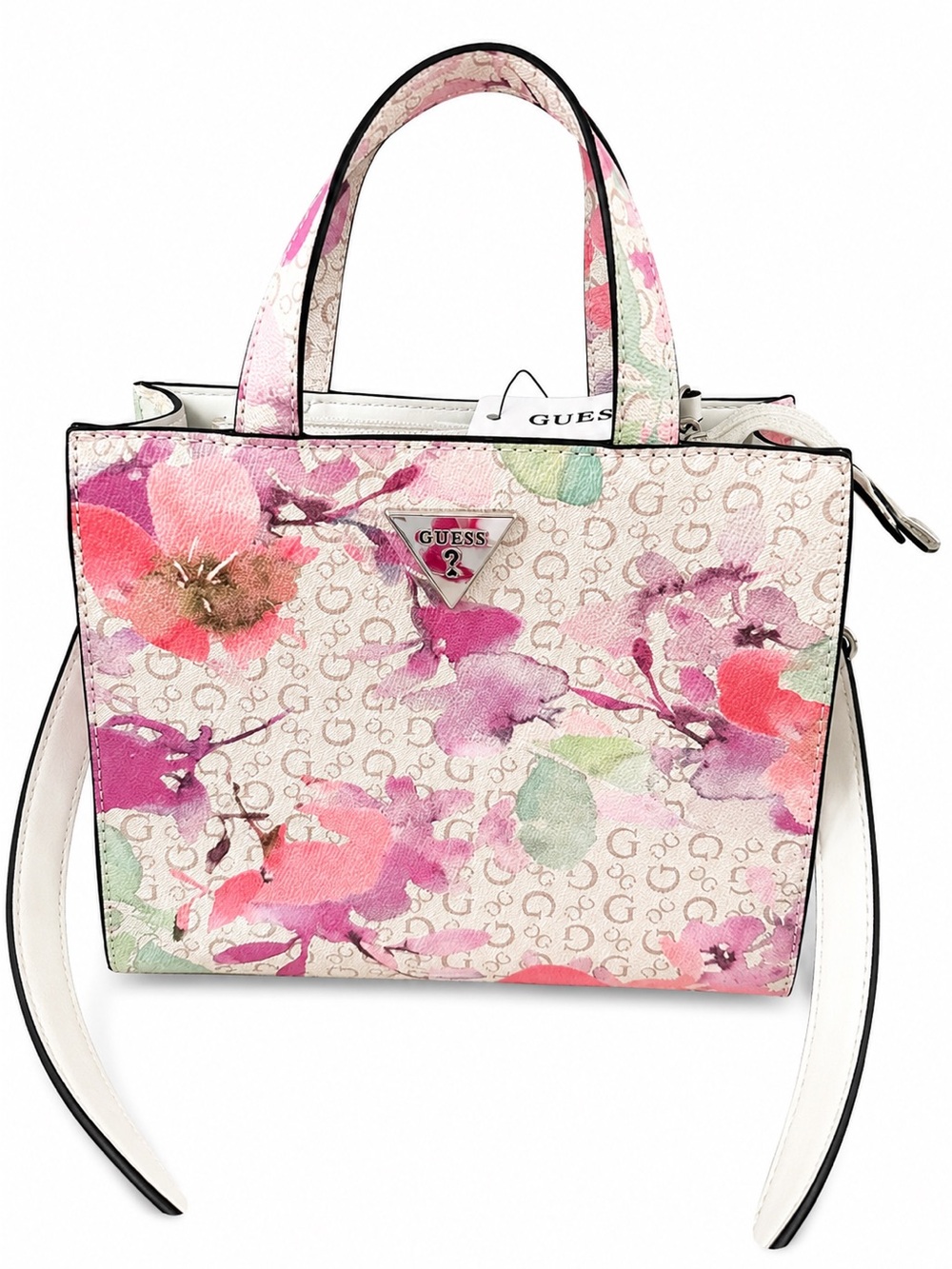 GUESS Floral Logo Satchel Handbag in Pink and Green